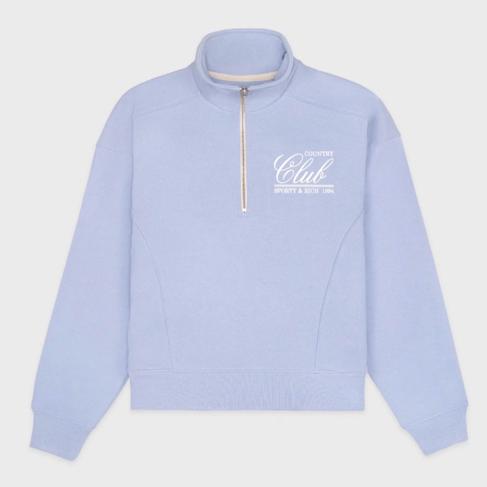 Sporty & Rich Light Blue Quarter‑Zip Sweatshirt with White Logo